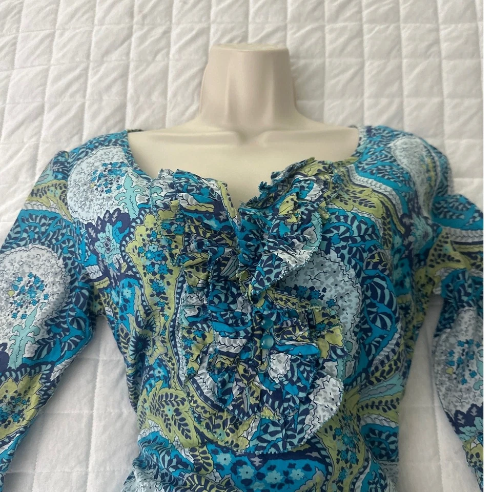 Vestido para mujer BETH BOWLEY 8 azul cachemira algodón seda mini volantes delantero verano  Foto 2 de 4