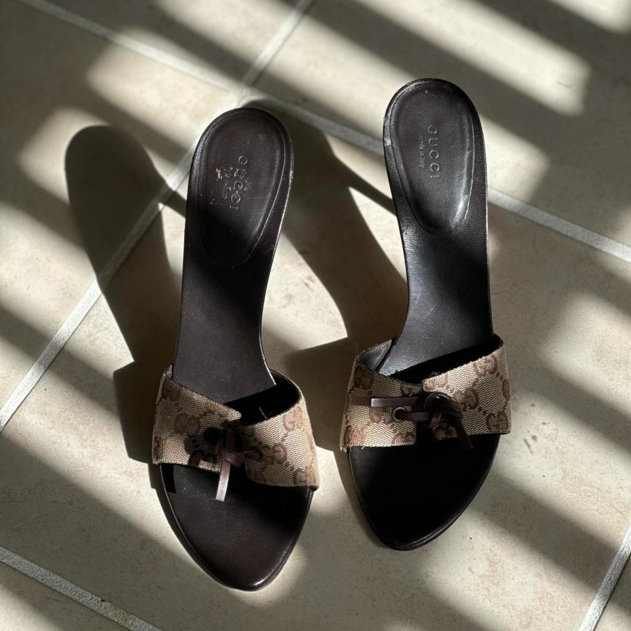 Vintage Gucci Tan Monogram Canvas Mule Slide Sandals Stiletto Heels Sz 10