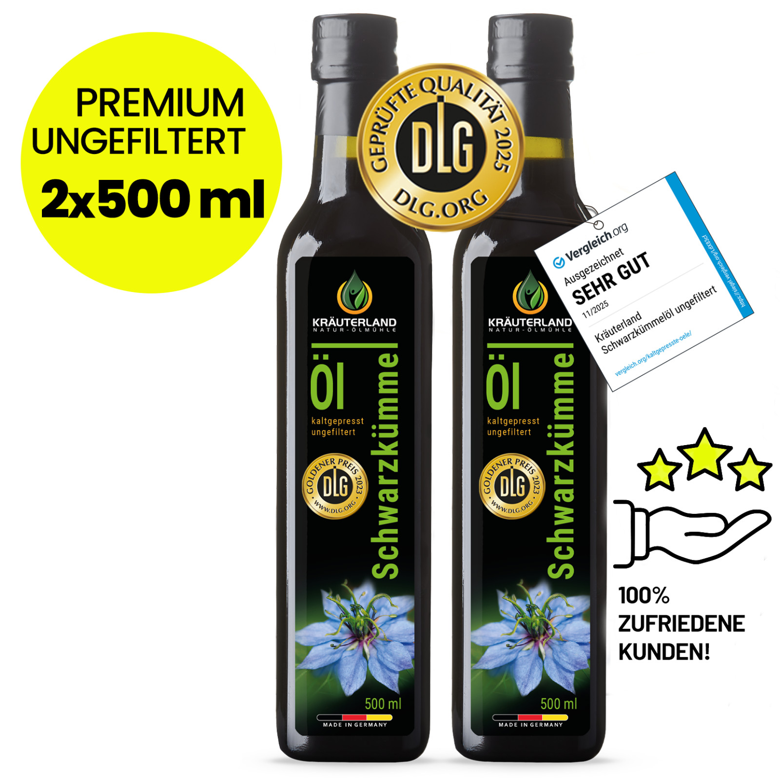 KRÄUTERLAND Schwarzkümmelöl UNGEFILTERT 1000ml, kaltgepresst aus eigener Ölmühle