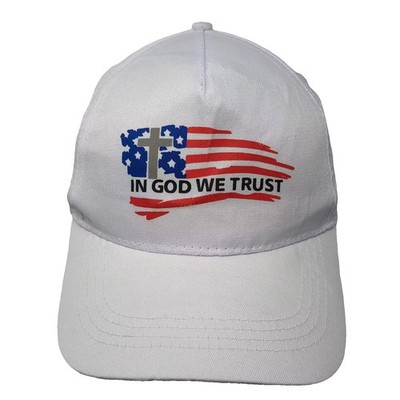 5 Panel White Hat OS Snapback In God We Trust Christian Cross American Flag Blue