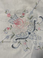 Vintage Embroidered Table Cloth 104x65 Inches Floral Design White Cotton Blend