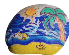 Rock Art Hand Painted Beach Scene North Myrtle Beach Ocean SC 2025 Sunny Days