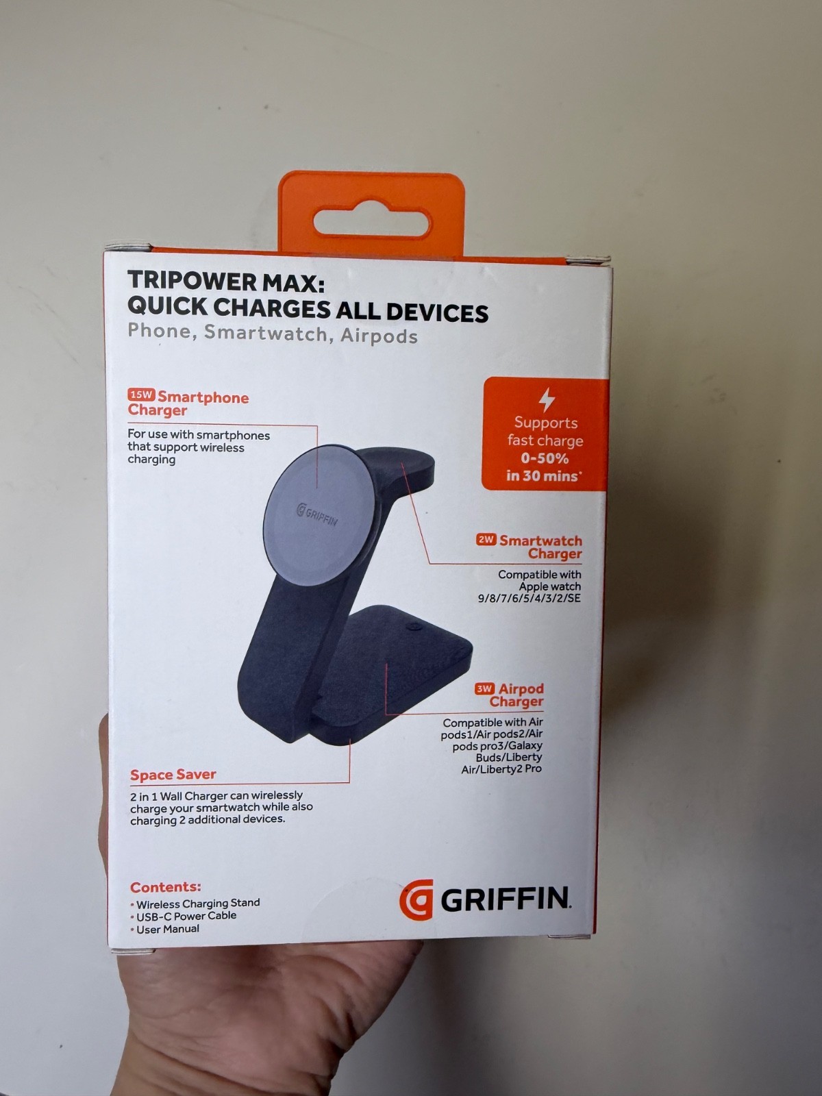 Griffin TriPower Max 3-in-1 Wireless Charging Stand Phone Apple Watch AirPods