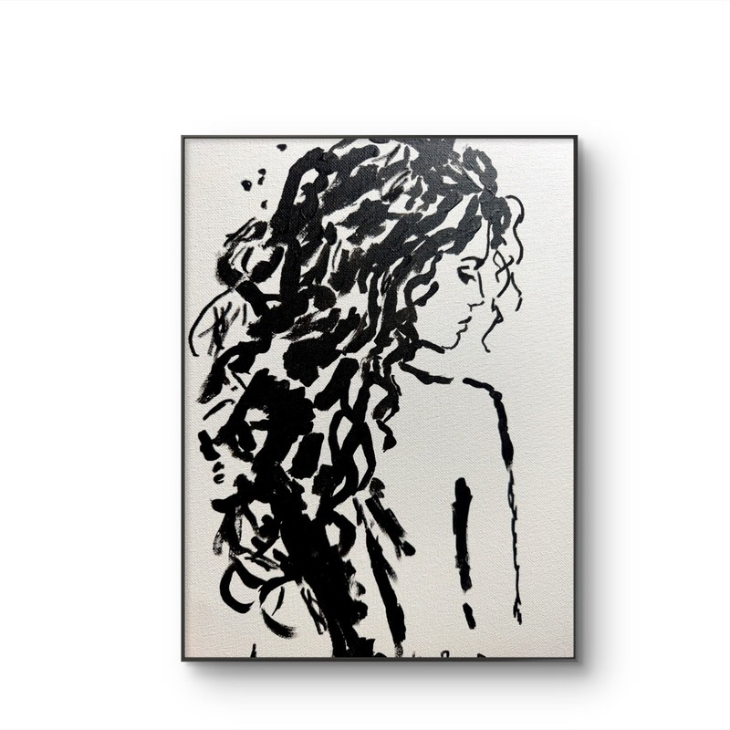 Original Black White Female Portrait Acrylic Painting 11x14 Canvas Modern Art