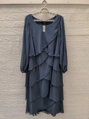 New Ignite Evening Chiffon Boat Neck 3/4 Sleeve Beaded Trim Midi Dress Sz 14W