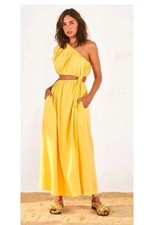 FARM Rio Yellow Open Waist Midi Dress Size M NWT One Shoulder Knot