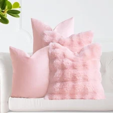 Set of 4 Decorative Throw Pillow Covers 18x18 – Faux Rabbit Fur & Velvet Cush...