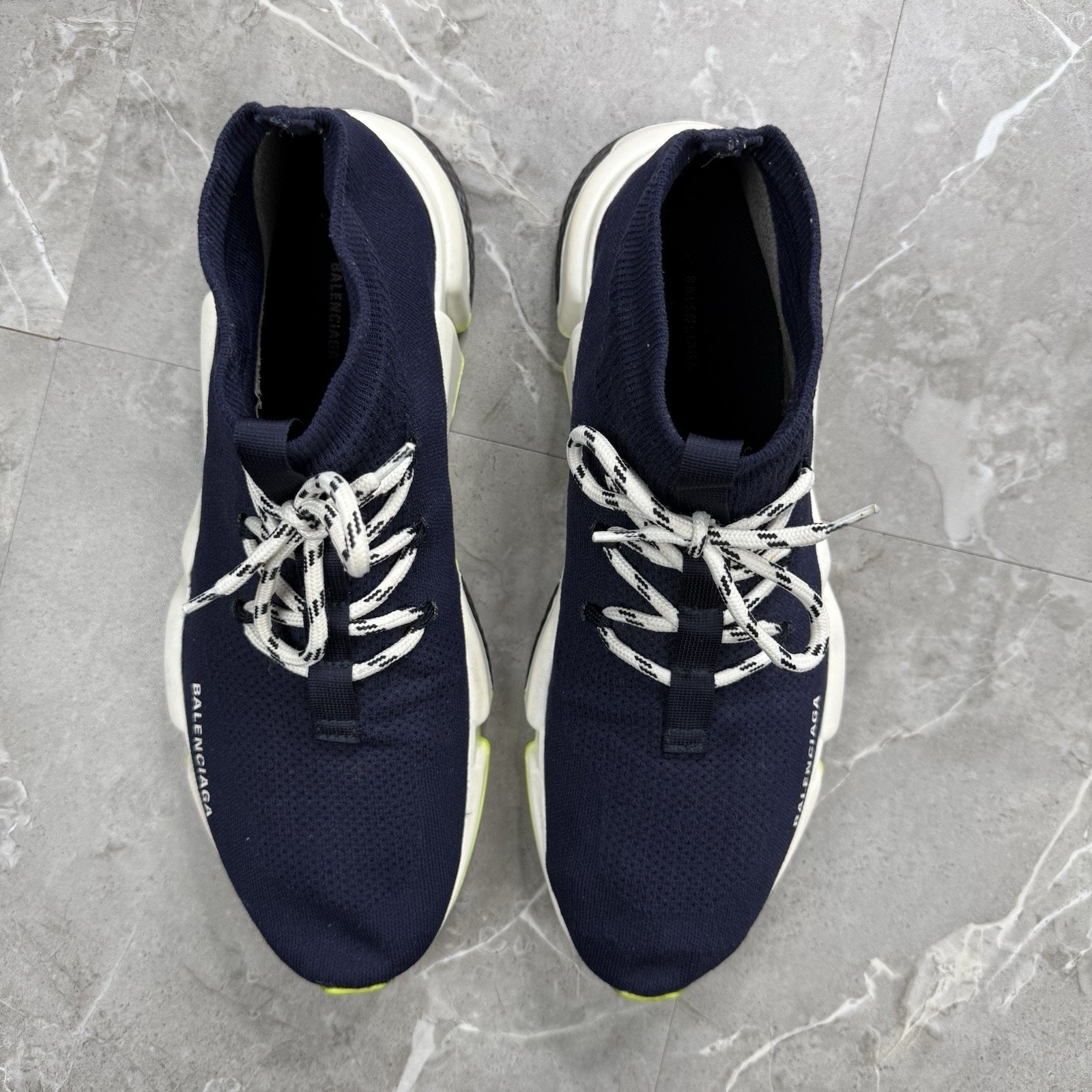 Balenciaga Speed Lace Up Navy White Neon Yellow Sneakers Men’s 13 thumbnail 6