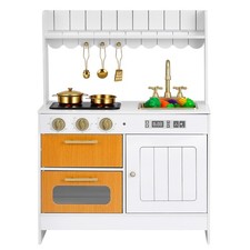 Wooden Play Kitchen for Kids with Real Lights Sounds, Food Cookware