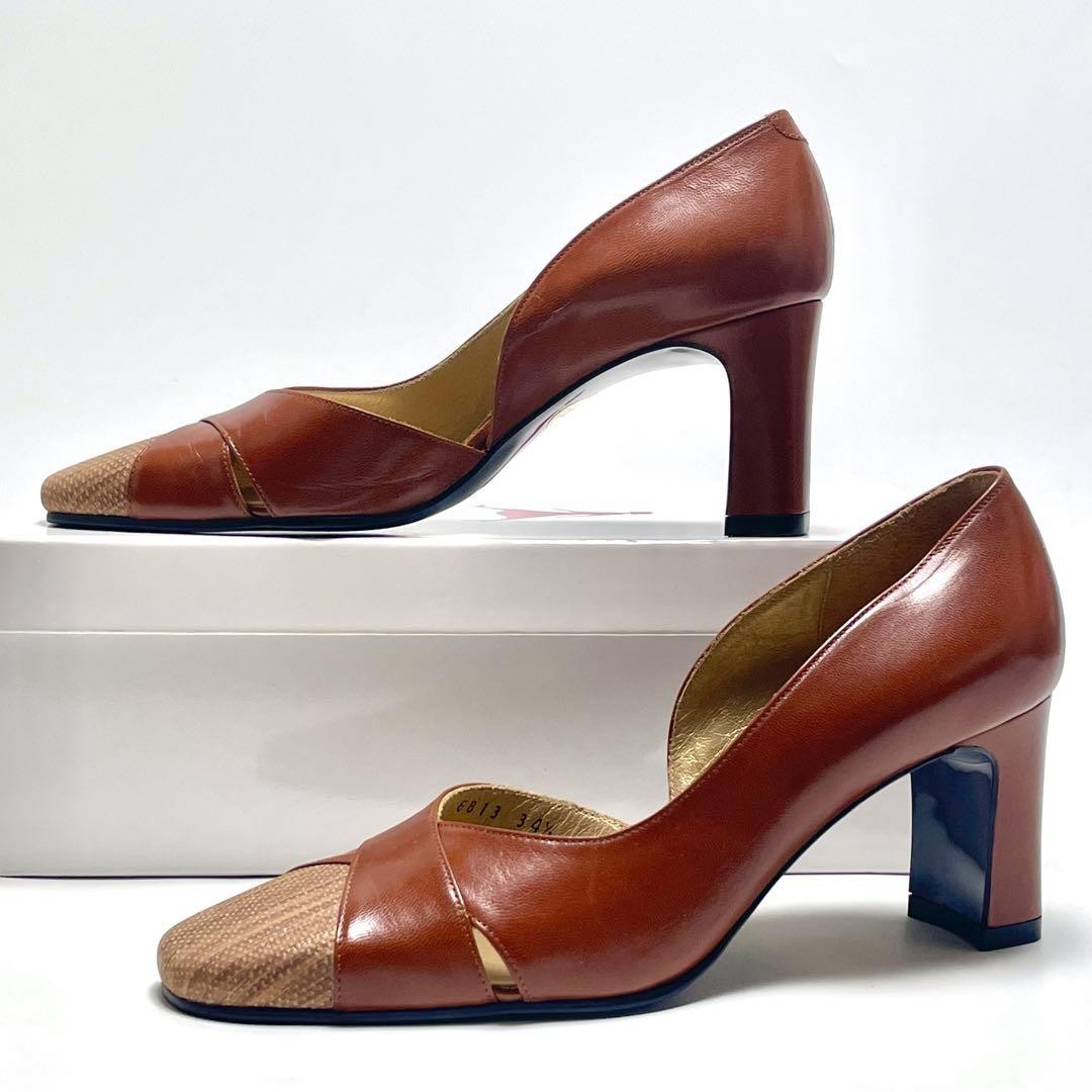 Decolte Saint Laurent tacco YSL EU34 5 US4 5 pelle marrone punta quadrata 09774a