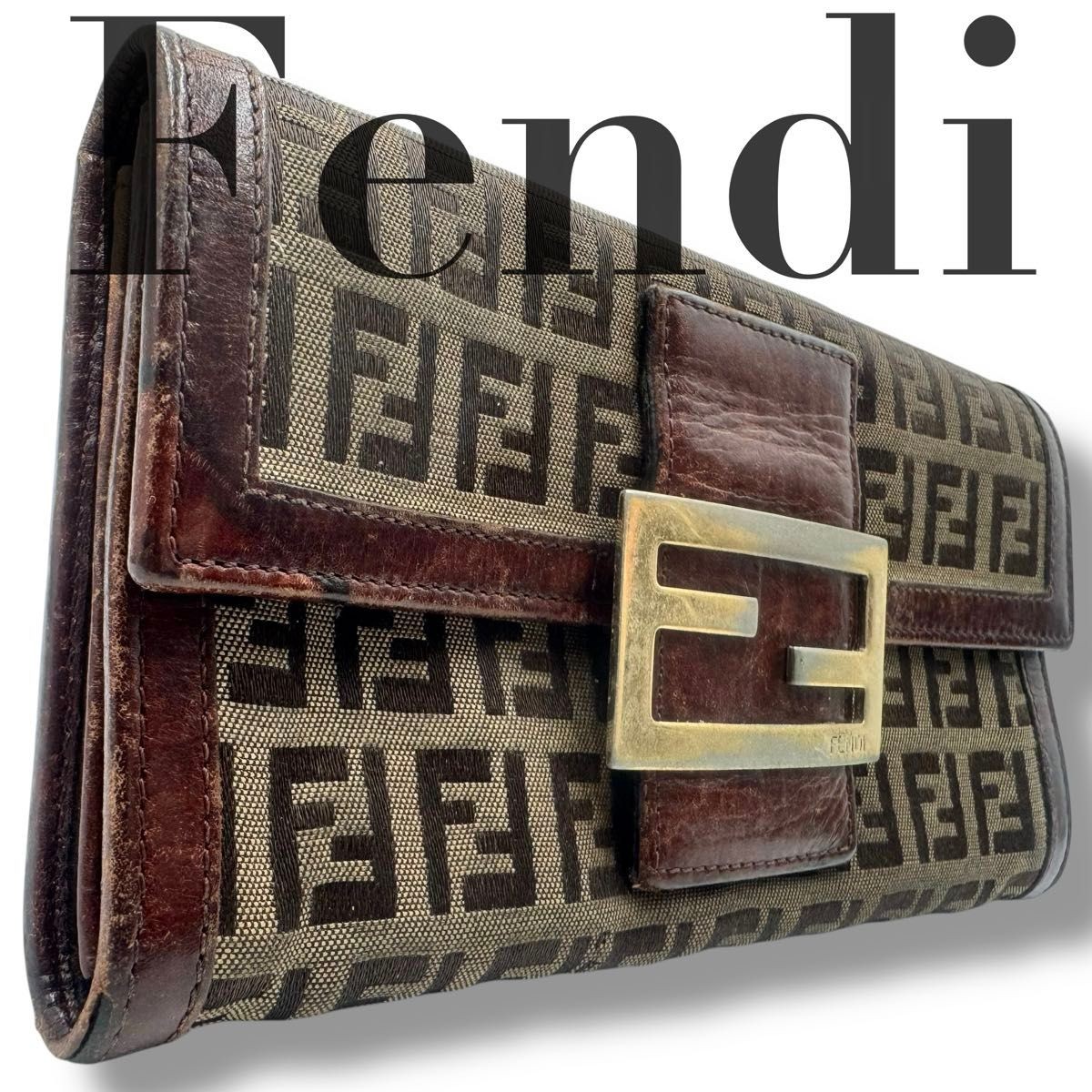 RARE FENDI Zucchino long wallet with big logo hardware in brown