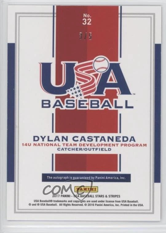 2017 Panini USA Baseball Stars & Stripes Green Ink /5 Dylan Castaneda #32 Auto - Image 2 of 2