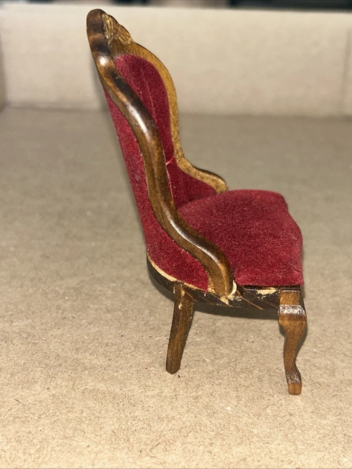 Dollhouse Miniature Wood Victorian Red Velour Ladies Chair in Walnut CLA10969 - Image 4 of 4