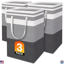 BlissTotes 3-Pack Waterproof Laundry Baskets - Tall, Collapsible Hamper, 75L