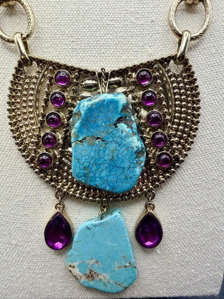 Genuine Turquoise Nugget Earring And Nexklace Set, Purple Cabochon Accents - Image 4 of 4