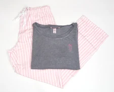 VICTORIA'S SECRET GRAY LONG SLEEVE & PINK STRIPED PANT PAJAMA SET Sz L