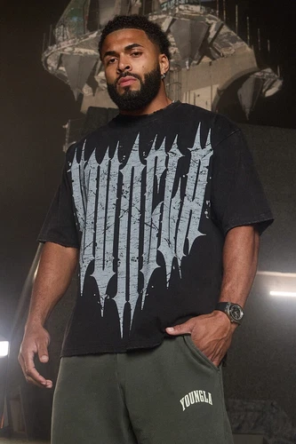 YOUNGLA SOLD OUT- 4156 - REVENGE TEES - BLACK WASH - MEDIUM
