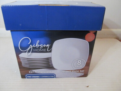 Gibson Home Zen Buffetware 8-Piece Fine Ceramic Dessert Plate Set, White