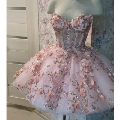 Gorgeous Pink Quinceanera Dresses Crystal Beads Short Prom Ball Gown Sweet 15 16
