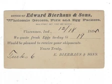 1885 UX7 Postal Card, Vincennes IN Fancy Advertising Ed Bierhaus & Sons, Grovers