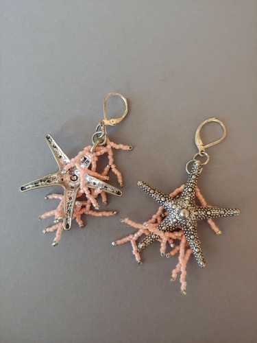 Orecchini perline artigianali vintage fatti a mano barriera corallina stelle marine tono argento leve - Foto 4 di 4