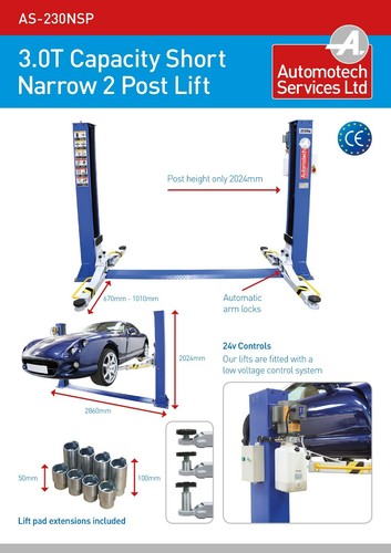 NARROW SHORT 2 POST LIFT CAR VEHICLE RAMP / LIFT / HOIST 3.0 T / TWO ...
