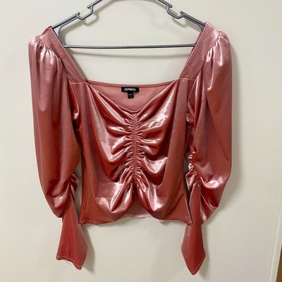 Express Women s M Top Velvet Ruched Front Long Puff Sleeve Coquette Romantic