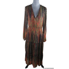 ECRU CONNELLY MIDI 3 TIER V Neck DRESS IN AUTUMN ABSTRACT IN A SIZE MEDIUM