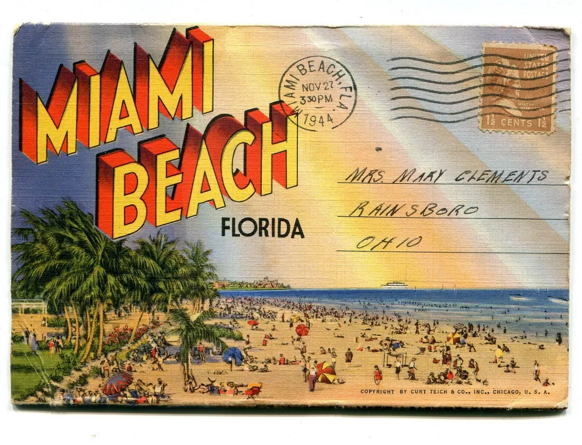 Miami Beach, FL, postcard folder. Linen, c.1940s. 16 images. Florida.