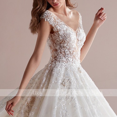 Elegante A-Linie Brautkleider V-Ausschnitt Rückenfrei Spitze 3D Blumen Brautkleider Schleppe - Bild 4 von 10