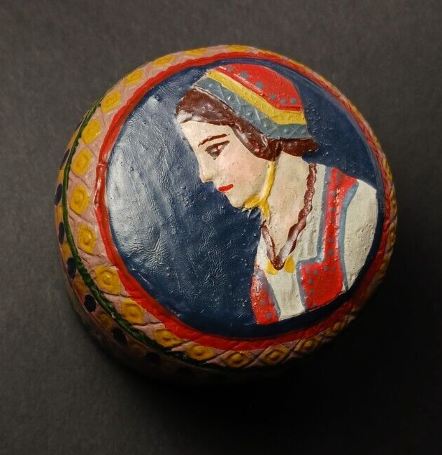 Vintage Ethnic Costume Woman Painted Pottery Round Jewelry Trinket Box