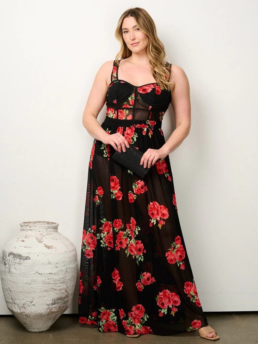 Womens Plus Size Black Floral Sleeveless Maxi Dress 1XL Lined | eBay