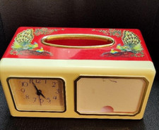Vintage Clock, Picture Frame, Tissue Box Cover Top has Peacocks