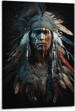 Canvas Art Print Poster Native American Indian Chief Headdress Feather Poster