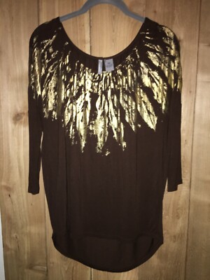 New Directions Weekend Womens Brown Top w Gold leaves Size PS New