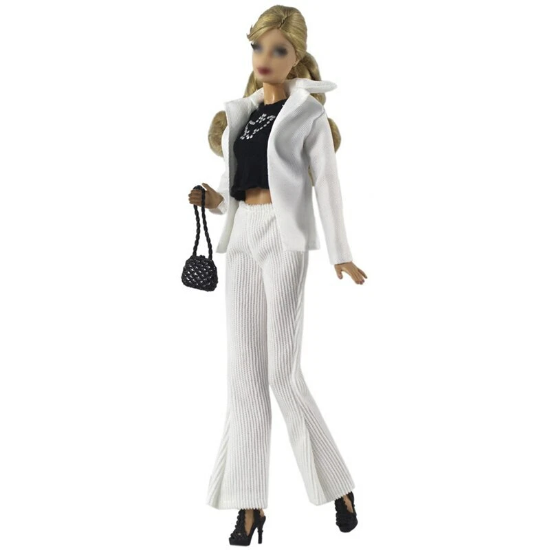 White Business Suit for Barbie Doll Clothes Set Outfits Jacket T shirt Pants Bag