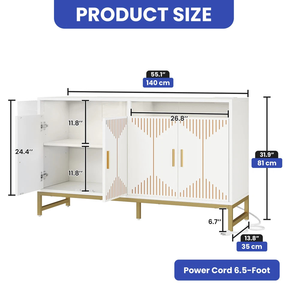47-62" Sideboard Cabinet Kitchen Cupboard Adjustable Shelve Accent Table 4 Doors - Image 4 of 4
