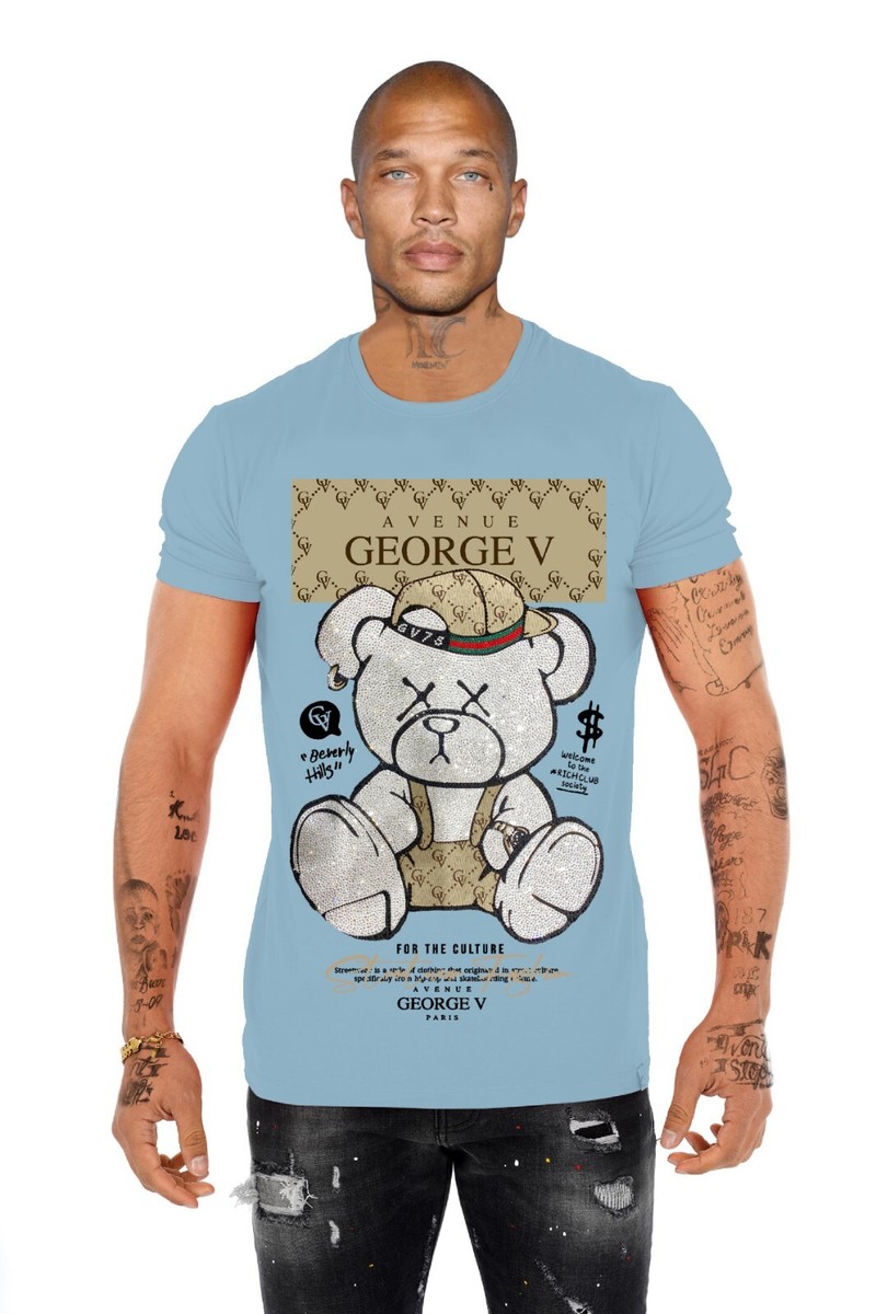 Avenue George V Paris Uomo Maniche Corte T-Shirt Blu Cielo Strass
