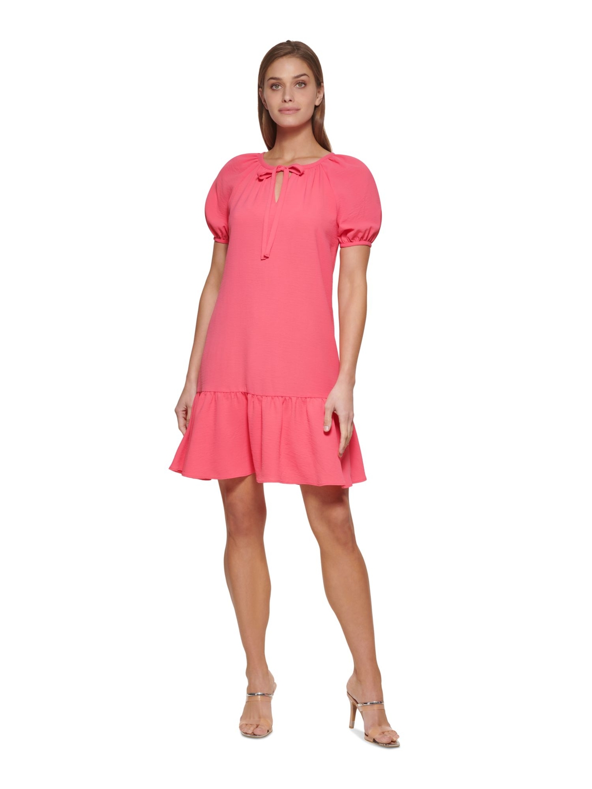 Женское розовое платье-пуф с разрезом и заниженной талией DKNY с галстуком-бабочкой без подкладки 2