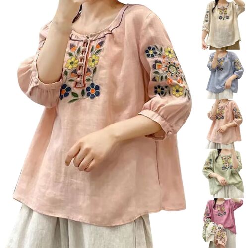 Women Cotton Linen Tops Summer Boho Embroidered Mexican Blouse Casual Oversized