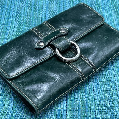 Wilsons Leather Green Wallet Tri Fold Card Slots ID Viewer Cash Slip Small Snaps
