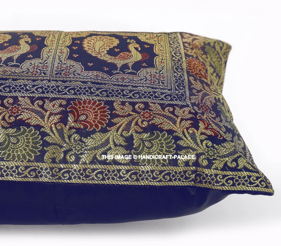 Indian Pillow Case Peacock Brocade Silk Mandala Blue Cushion Cover Throw 12X20" - Image 2 of 4