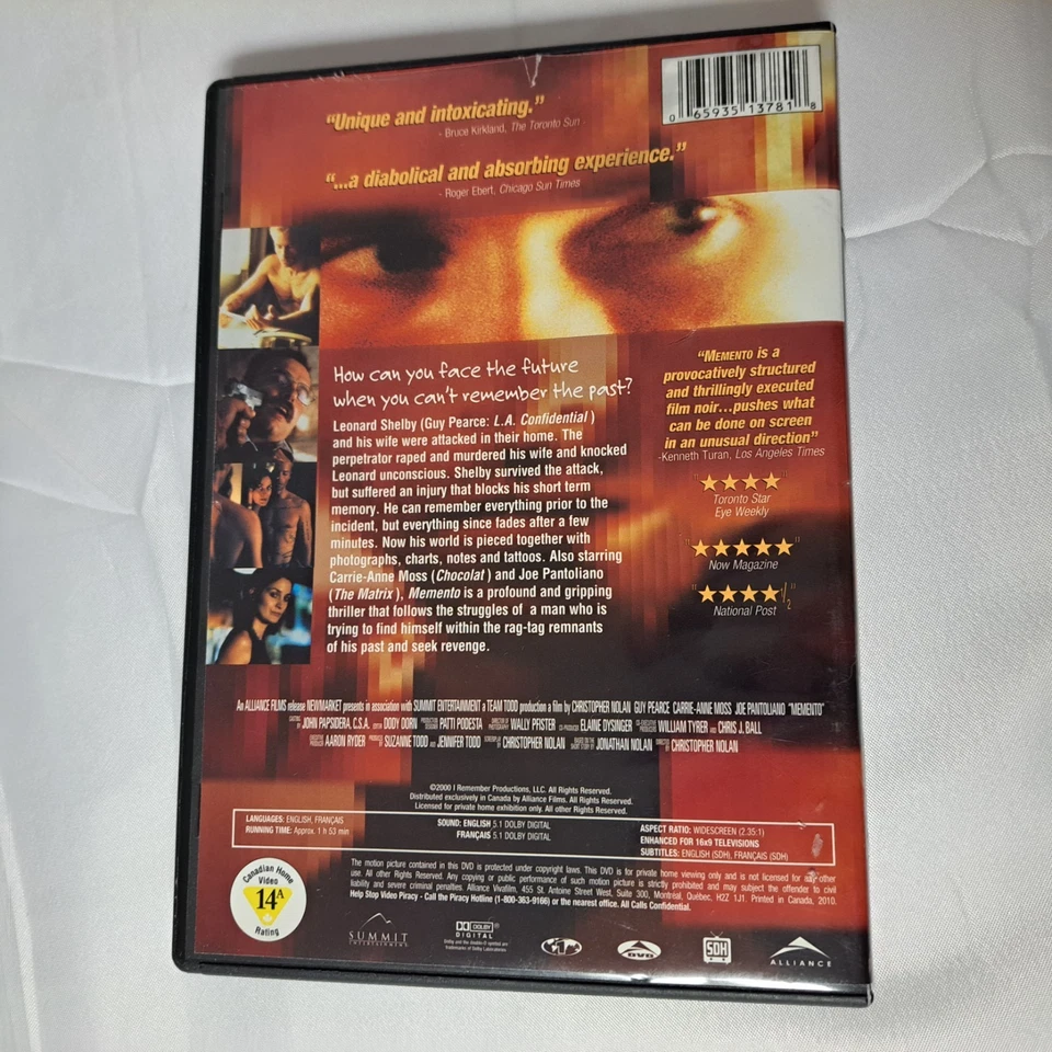 DVD Memento You Want to Watch Again and Again Guy Pearce Carrie Ann Moss Canada - Image 3 of 3