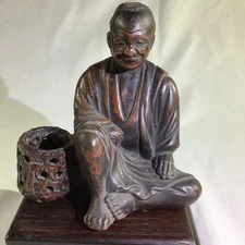 Antique Figurine Fisherman Doll Japanese 19Th Century BIZEN Pottery Statue 4.7in