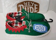 Men's Sz 12 Hey Dude Wally Holiday Elf Green Red Christmas Slip-on Shoes Jingle