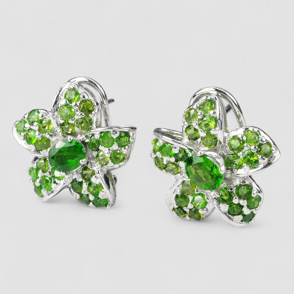 魅力霓虹绿色 Tsavorite 925 纯银手工珠宝耳环 — 第 2/4 张图片