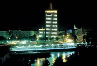 The Ringturm at Danube canal Vienna at night built after plans by - Old Photo