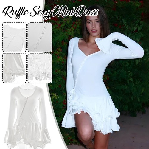 Mini Abito Sexy Svasato Maniche Increspate Scollo V Irregolare Monopetto Slim Dress - Foto 5 di 57