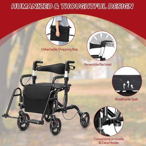 Rollator Walker Folding Walker w/8-inch Wheels Supports up to 350lbs - Picture 9 of 10