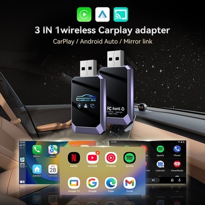 2026 3-in-1 Wireless CarPlay Adapter,Plug&Play USB for Android Mirroring Screen